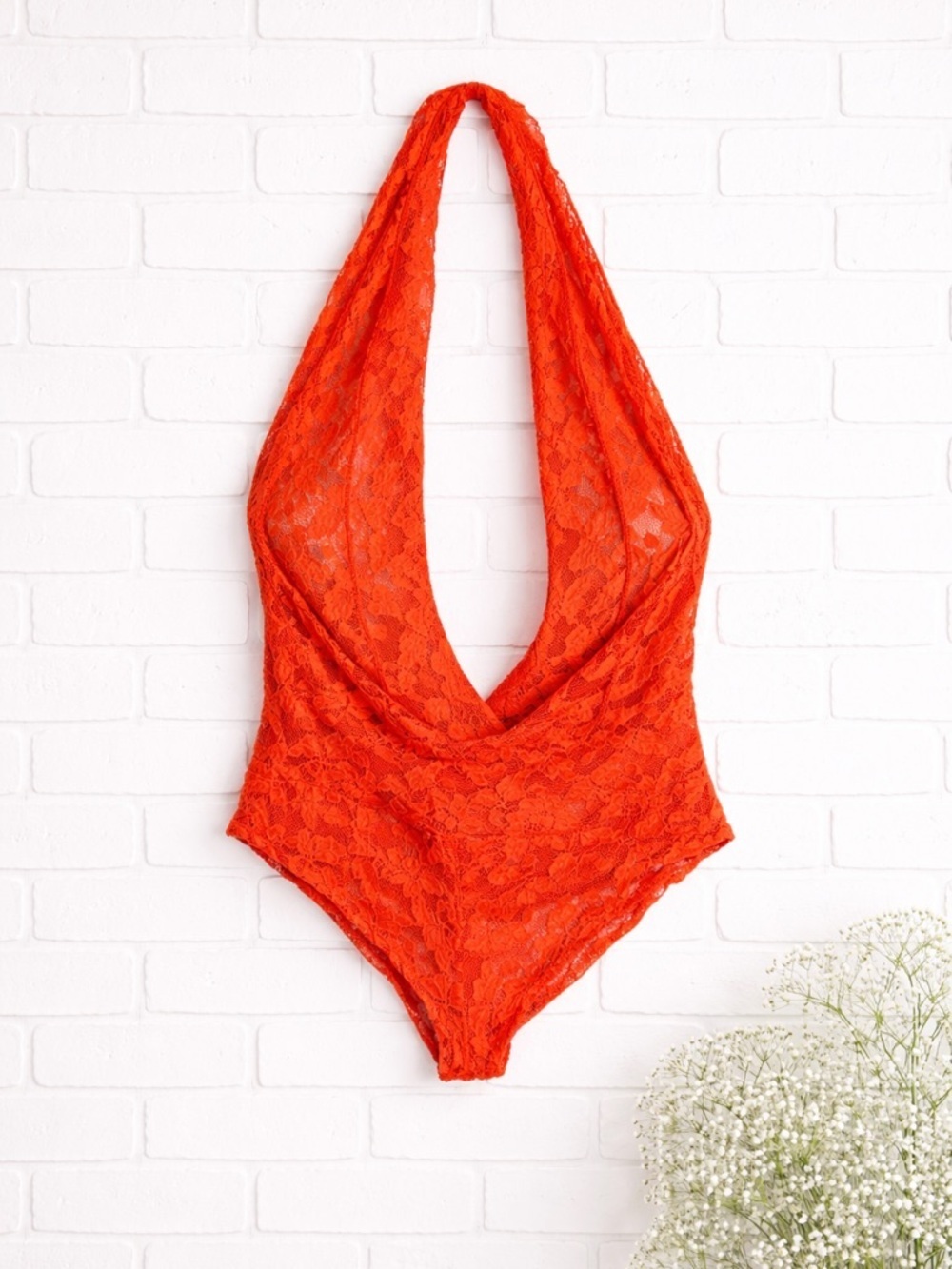 Frederick's of Hollywood Orange Lace Halter Bodysuit Size XL